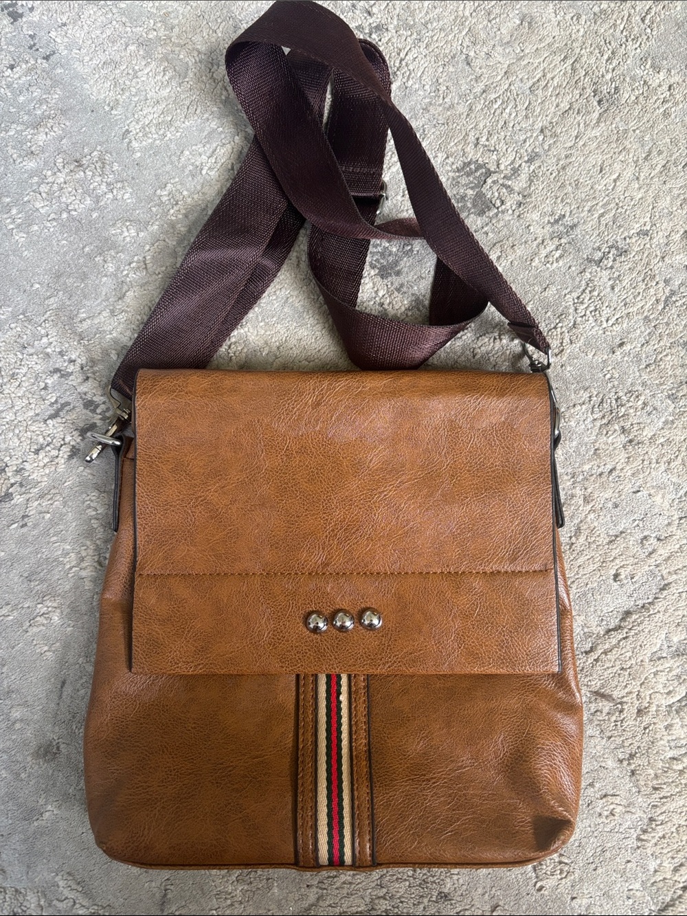 Tan Men’s Messenger Bag with Stripe Accent - Unbranded